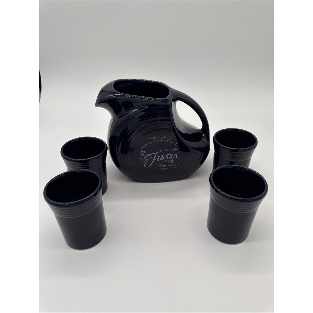 RARE RETIRED Fiestaware Fiesta Cobalt Blue 60th Anniversary Pitcher 4 Tumblers